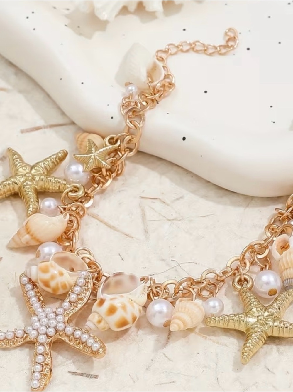 Gold Shell & Pearl Charm Bracelet - Beach Starfish Design